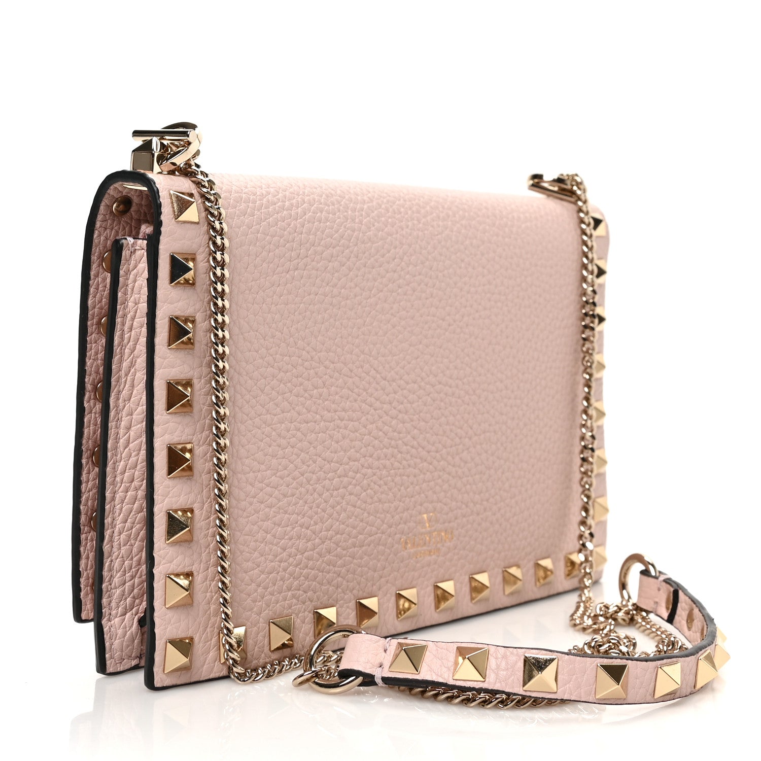 Valentino Garavani Pebbled Calfskin Rockstud Flip Lock Wallet On Chain Pouch Poudre 3 of 8