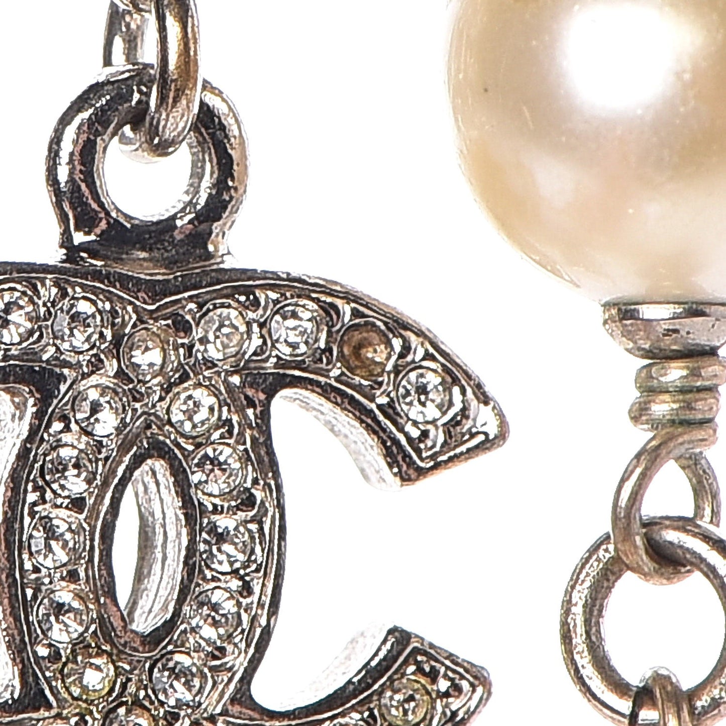 Crystal Pearl CC Long Necklace Silver