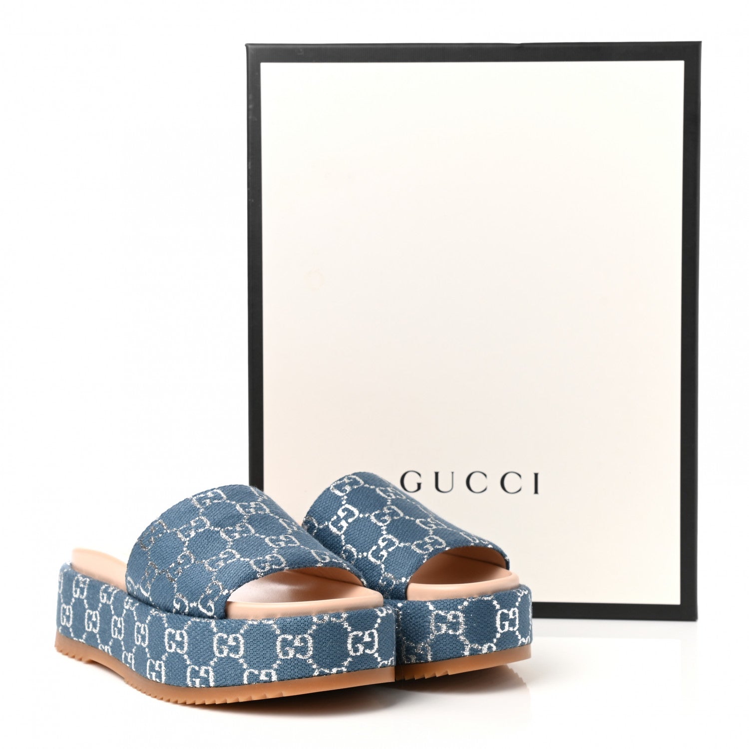 Gucci Canvas Lame GG Monogram Angelina Platform 55mm Slide Sandals 38 Blue Silver 9 of 9