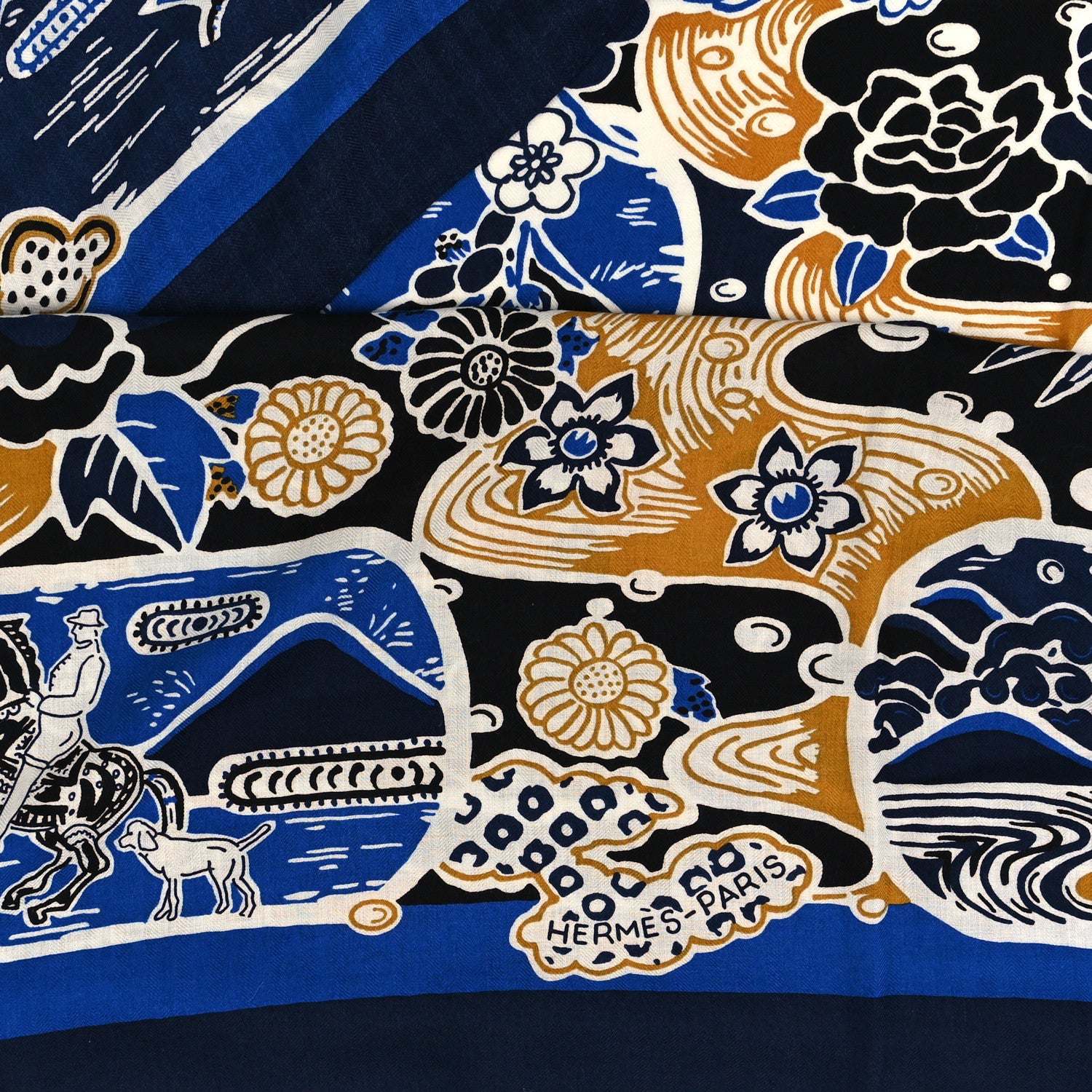 Hermes Cashmere Silk Bingata Shawl 140 Marine Bleu Dur Beige 2 of 3