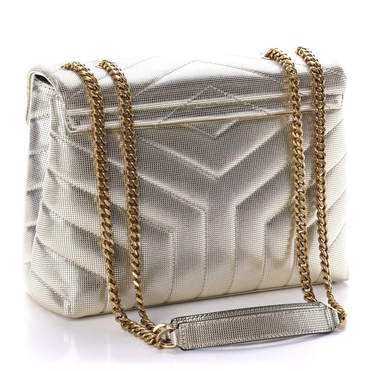 Metallic Calfskin Y Quilted Small Loulou Monogram Chain Satchel Platino