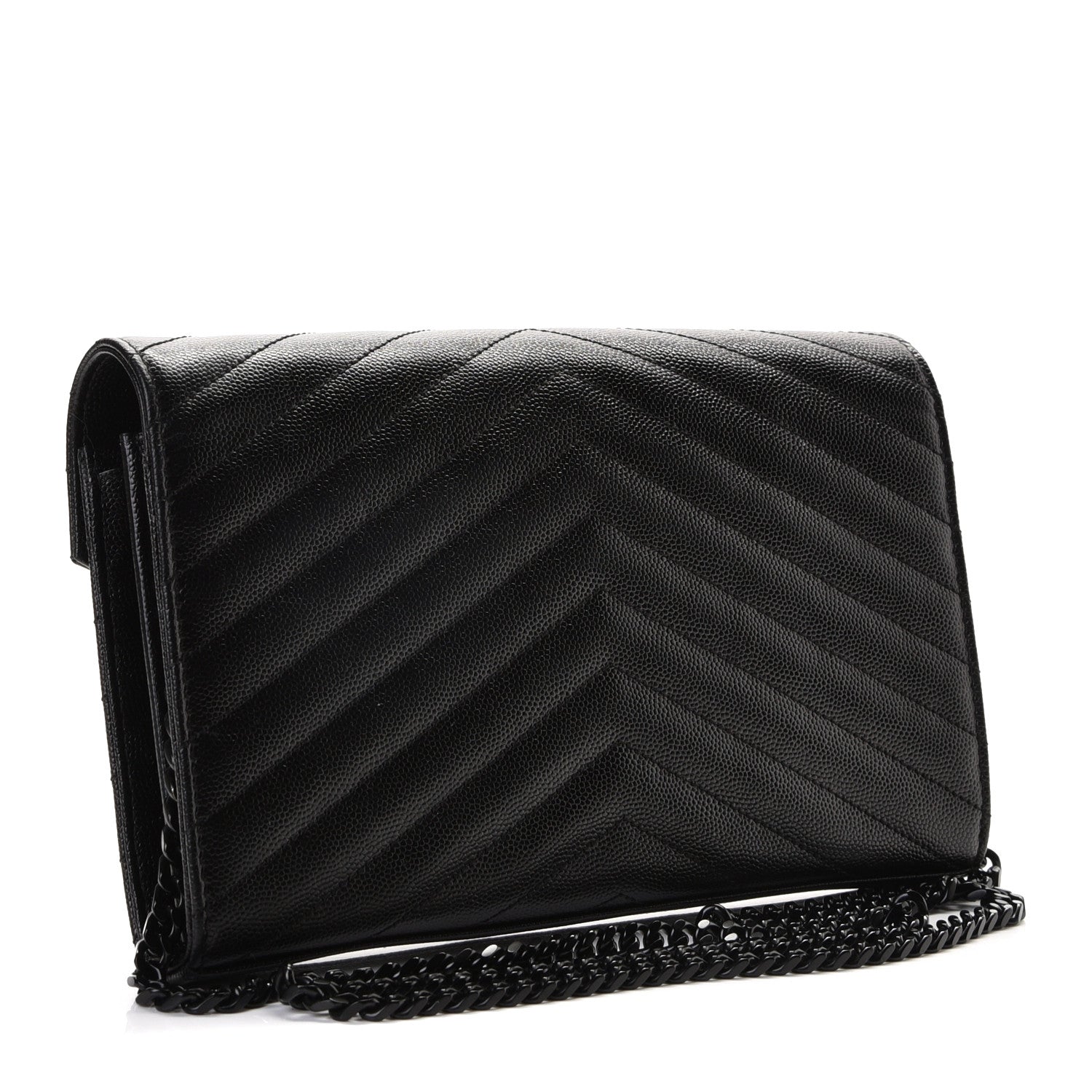 Saint Laurent Grain De Poudre Matelasse Chevron Monogram Chain Wallet Black 2 of 7