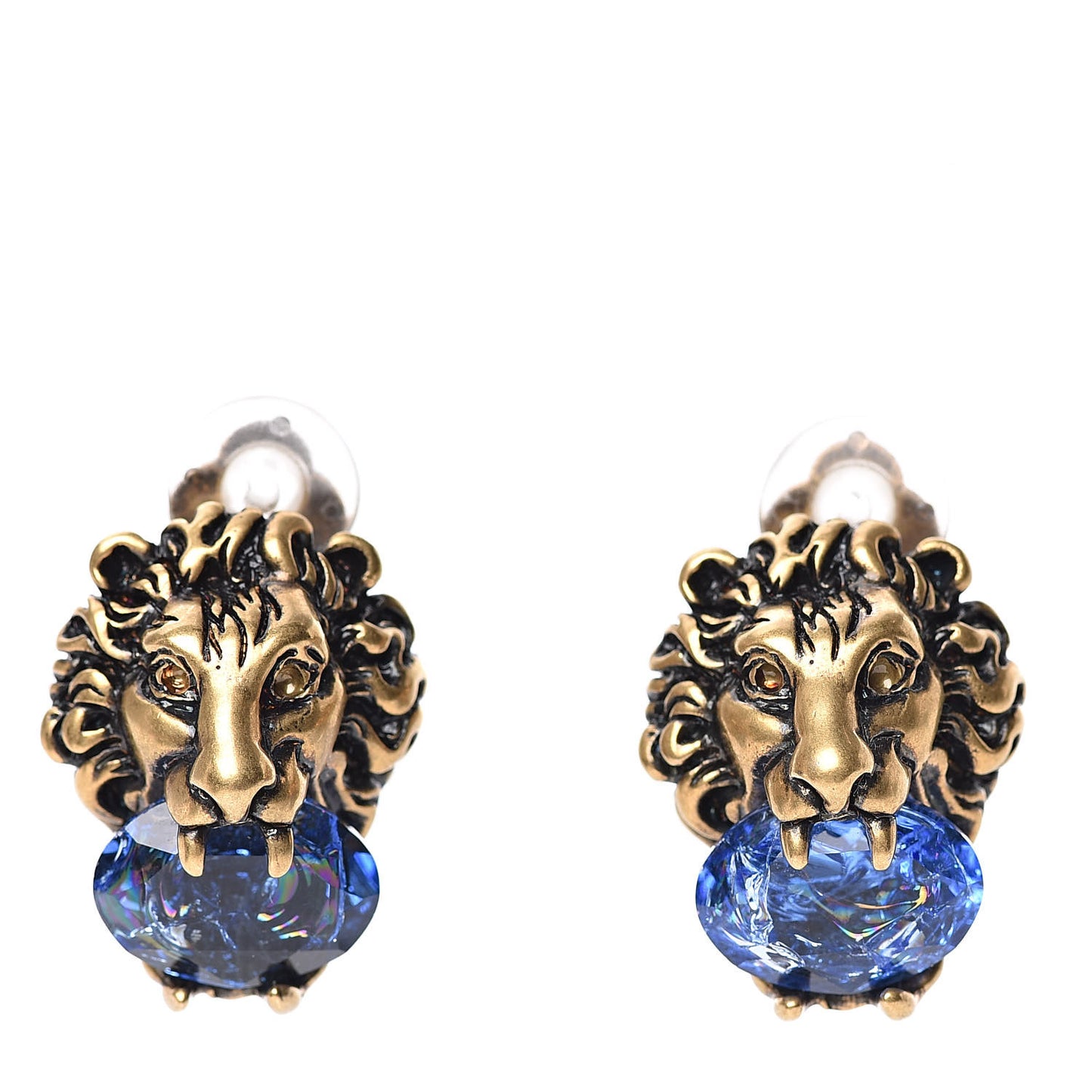 Metal Crystal Lion Clip On Earrings Aged Gold Blue