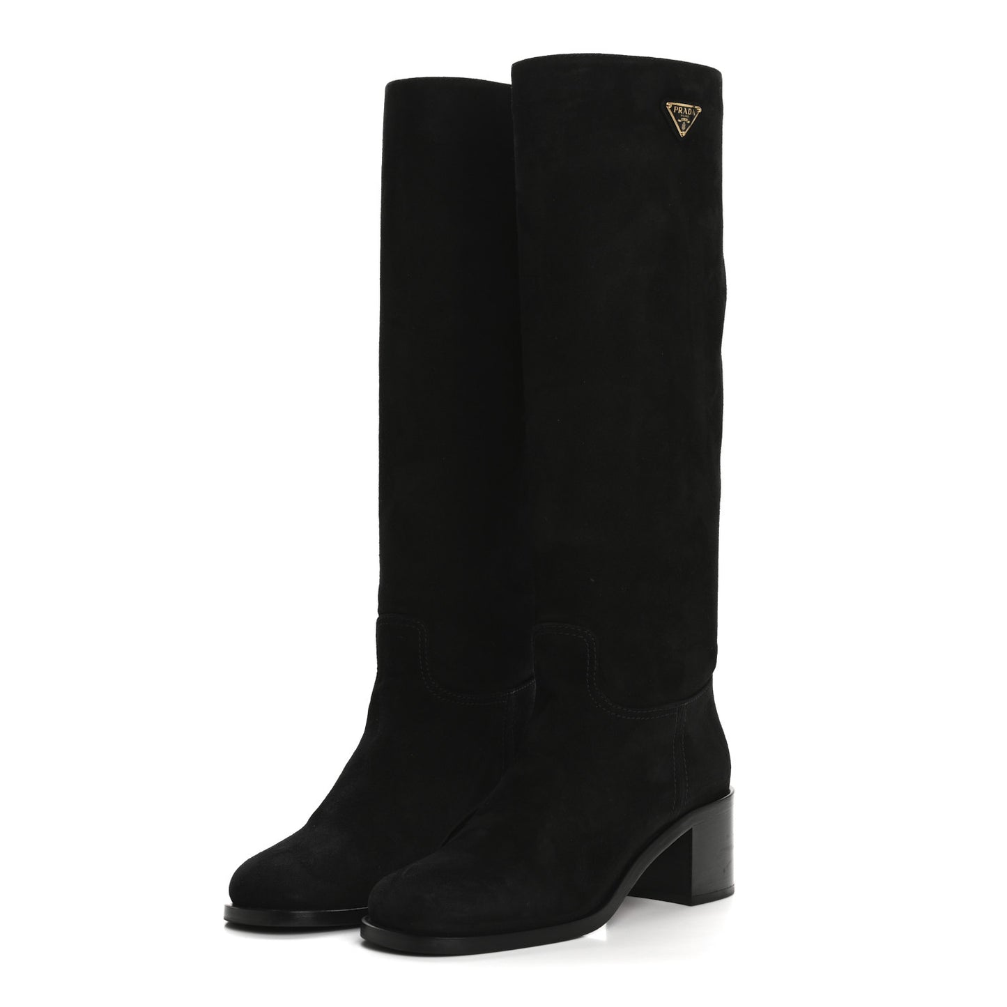Suede Metal Triangle Logo Knee Boots 38 Black