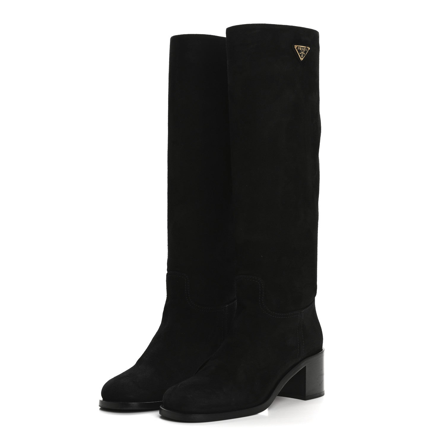 Prada Suede Metal Triangle Logo Knee Boots 38 Black 3 of 8