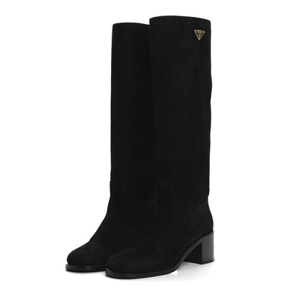 Prada Suede Metal Triangle Logo Knee Boots 38 Black 3 of 8