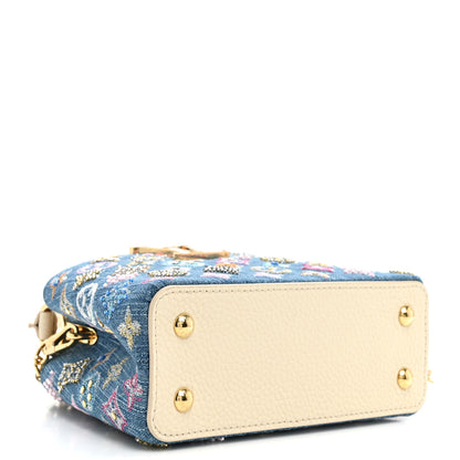 Louis Vuitton Denim Lurex Beaded Calfskin Capucines Mini Blue Cream 4 of 9