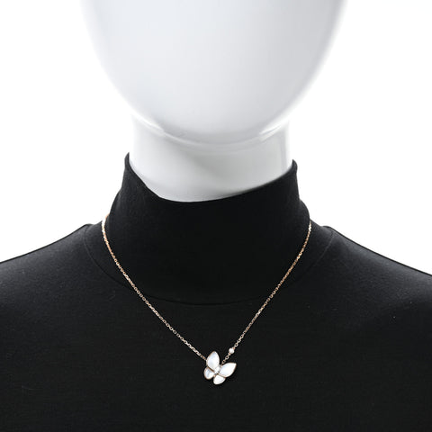 18K Rose Gold Diamond Mother of Pearl Two Butterfly Pendant Necklace