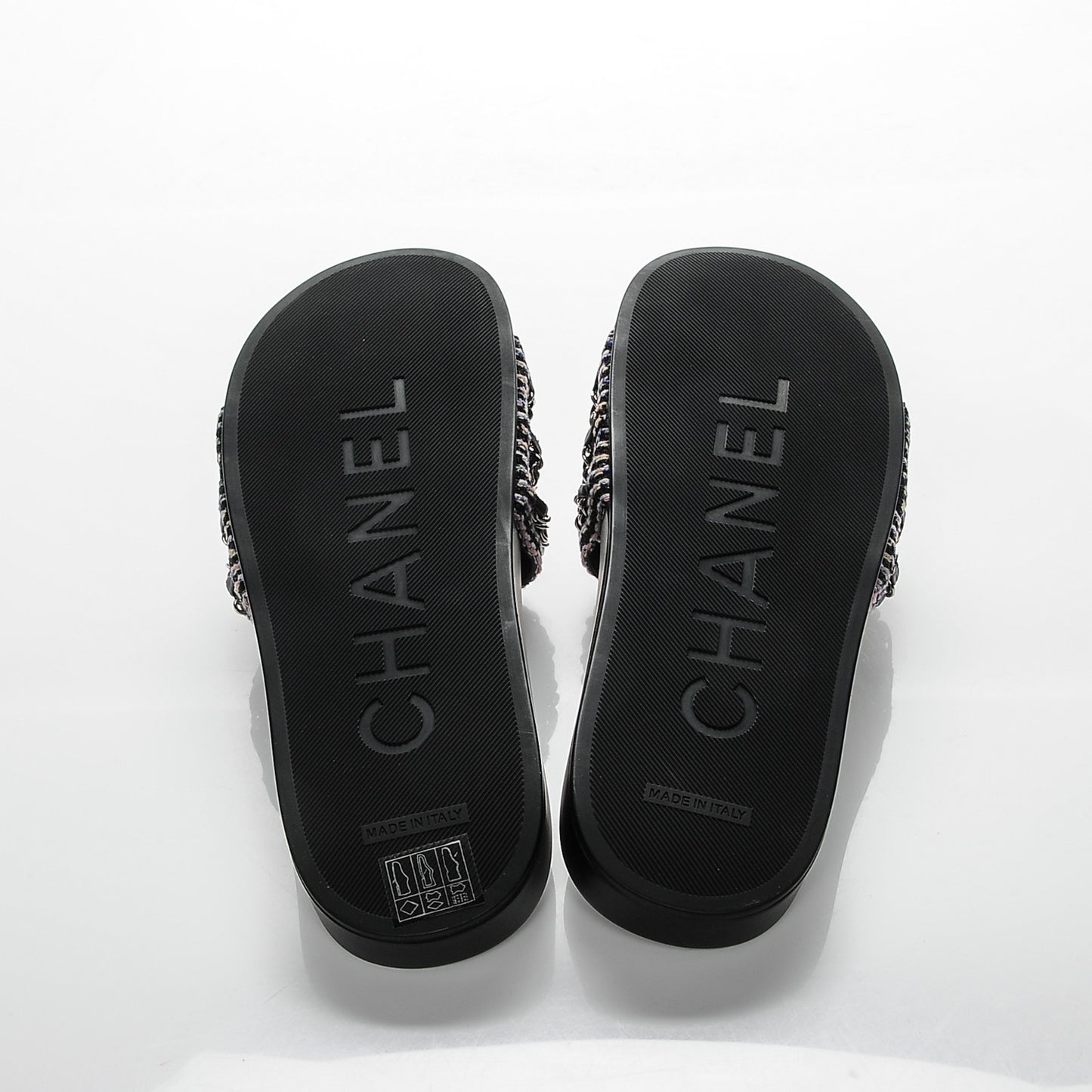 Tweed Lambskin Chain Flat Sandals 40 Black Multicolor