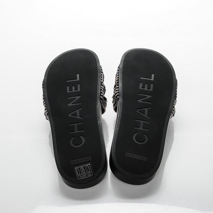 Chanel Tweed Lambskin Chain Flat Sandals 40 Black Multicolor 5 of 7