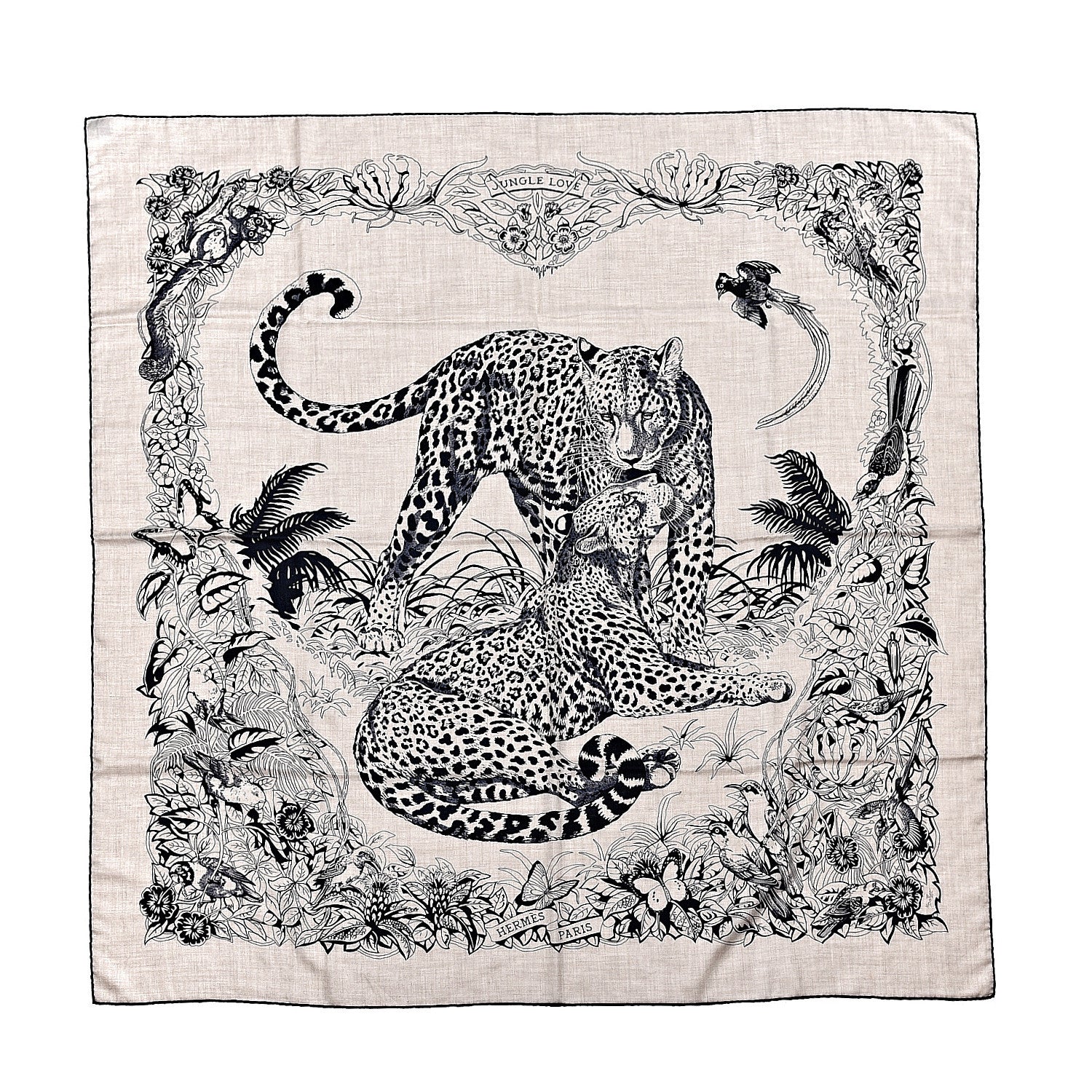 Hermes Cashmere Silk Jungle Love Tattoo Shawl 140 Natural Bleu Black 1 of 5