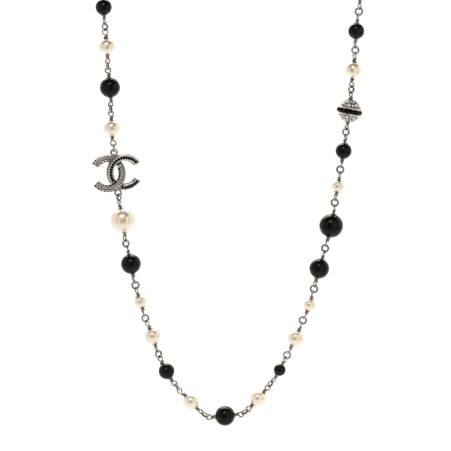 Pearl Crystal Bead CC Long Necklace Silver Black White