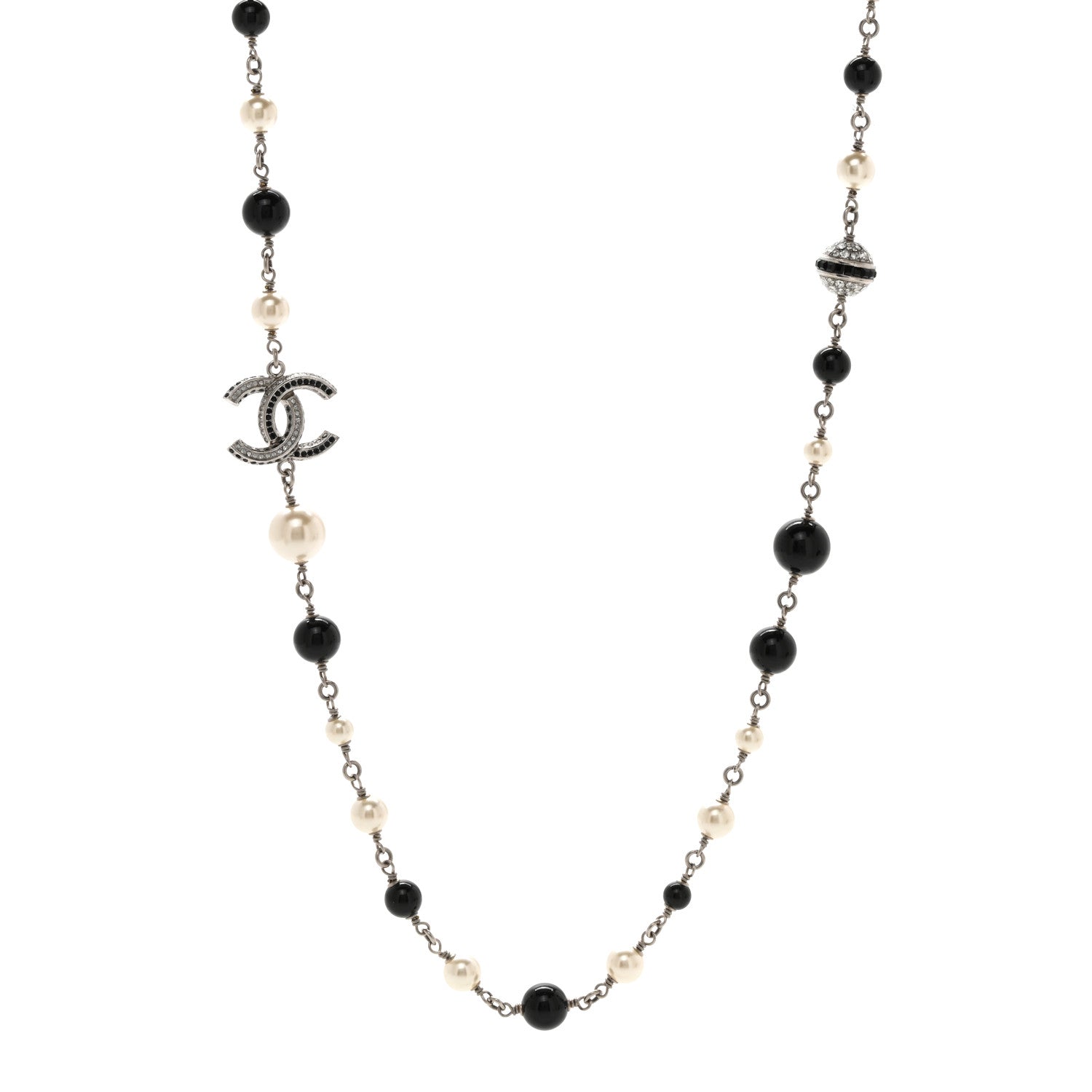 Chanel Pearl Crystal Bead CC Long Necklace Silver Black White 1 of 5