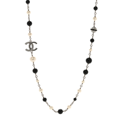 Chanel Pearl Crystal Bead CC Long Necklace Silver Black White 1 of 5