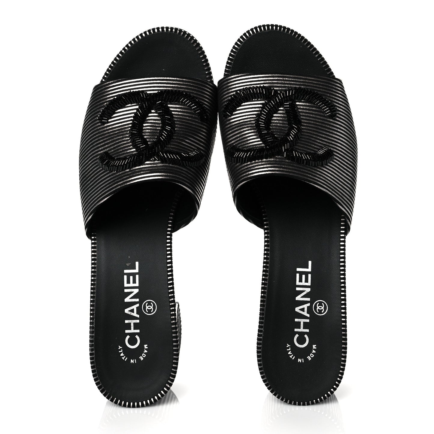 Calfskin Striped Beaded CC Mule Sandals 39 Black