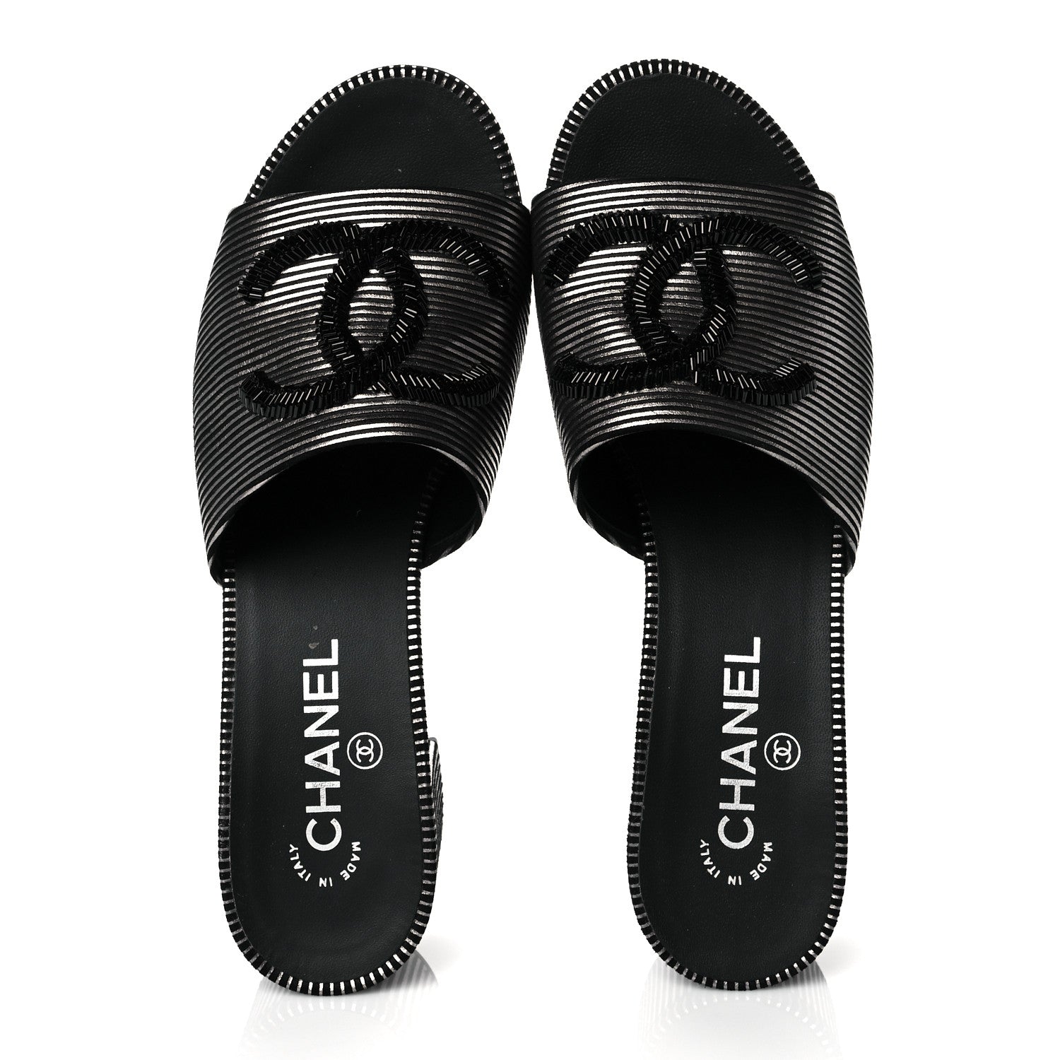 Chanel Calfskin Striped Beaded CC Mule Sandals 39 Black 6 of 11