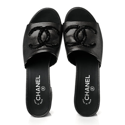 Chanel Calfskin Striped Beaded CC Mule Sandals 39 Black 6 of 11