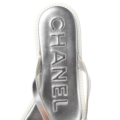 Chanel Iridescent Patent Calfskin Camellia Thong Sandals 41 Silver 5 of 8