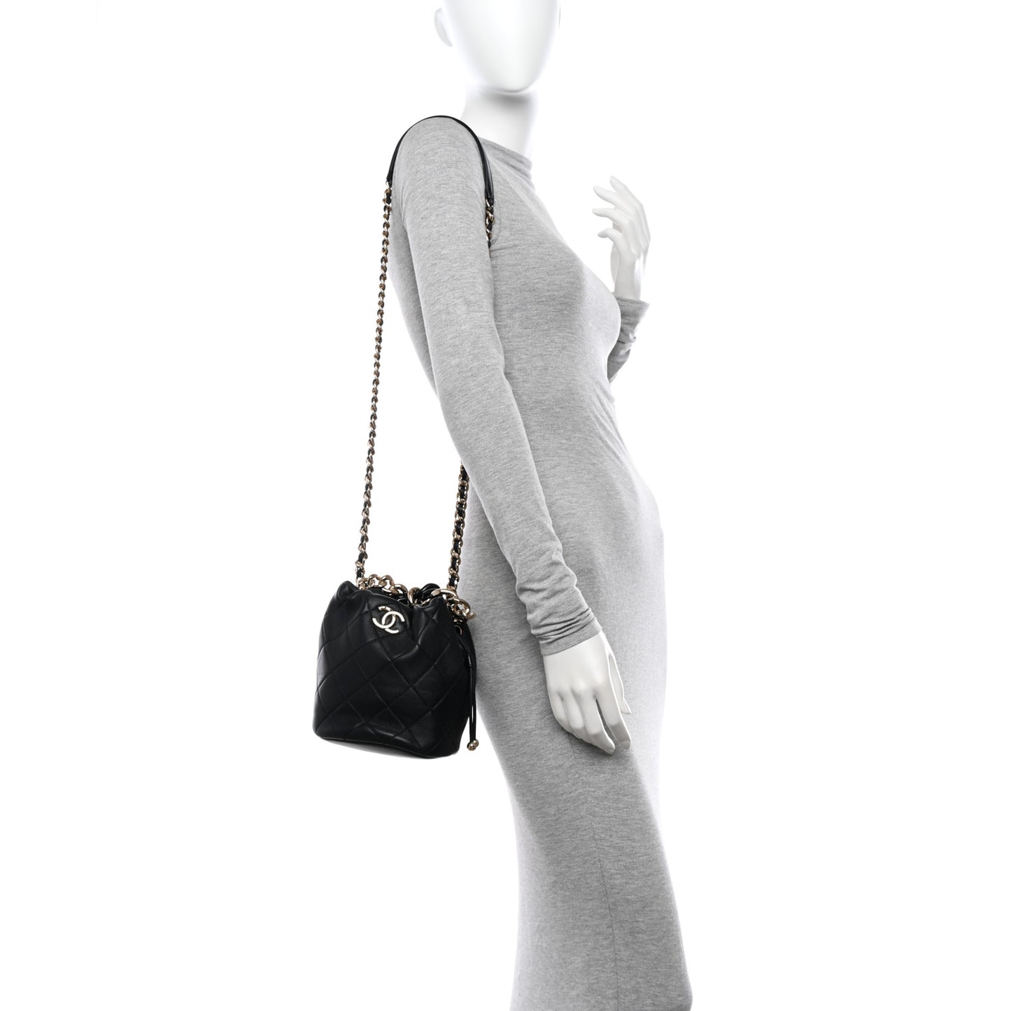 Shiny Lambskin Quilted Chain Is More Drawstring Bag Black