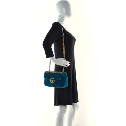 Gucci Velvet Matelasse Small GG Marmont Shoulder Bag Pavone Cyan 3 of 11