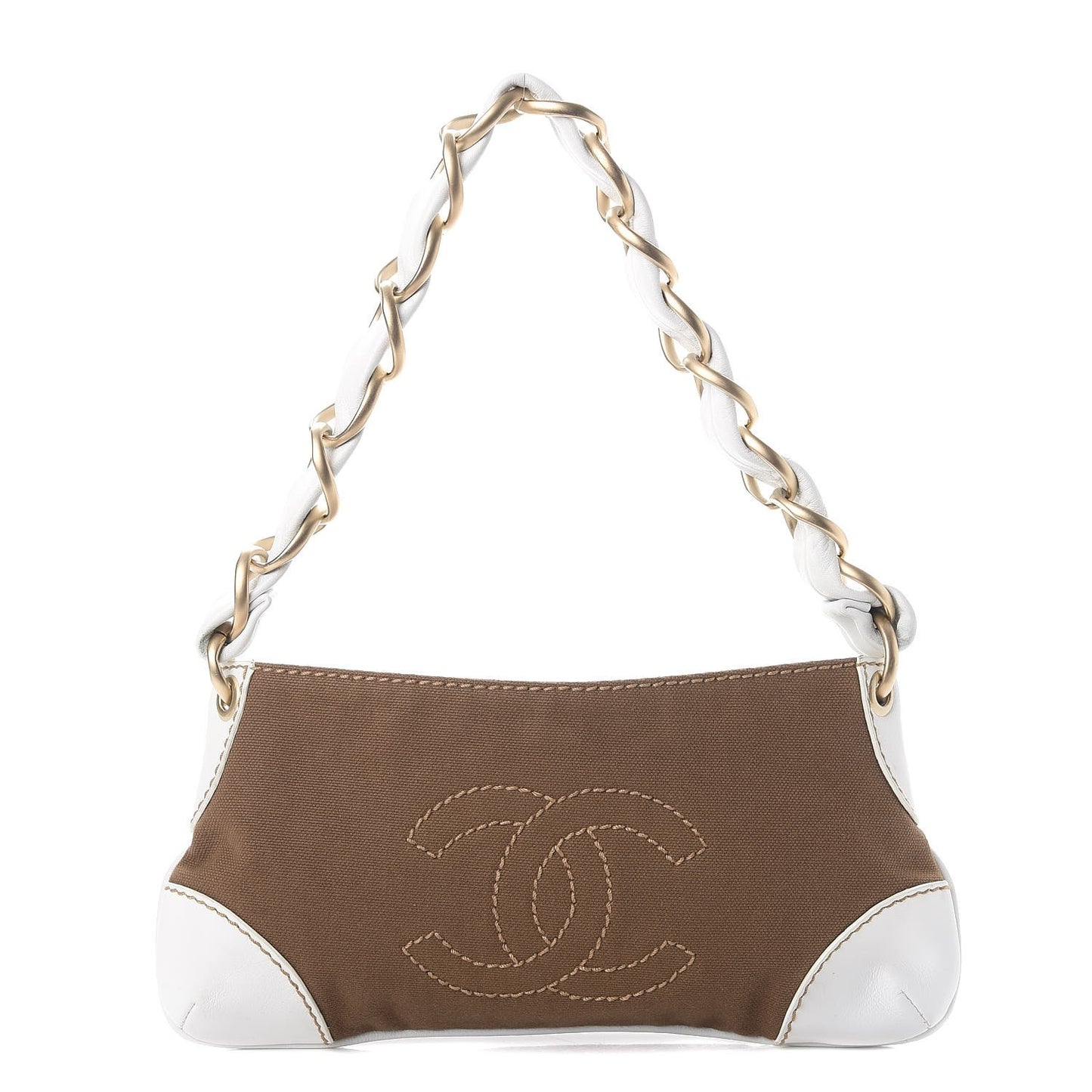 Lambskin Canvas CC Olsen Chain Small Shoulder Bag White Brown