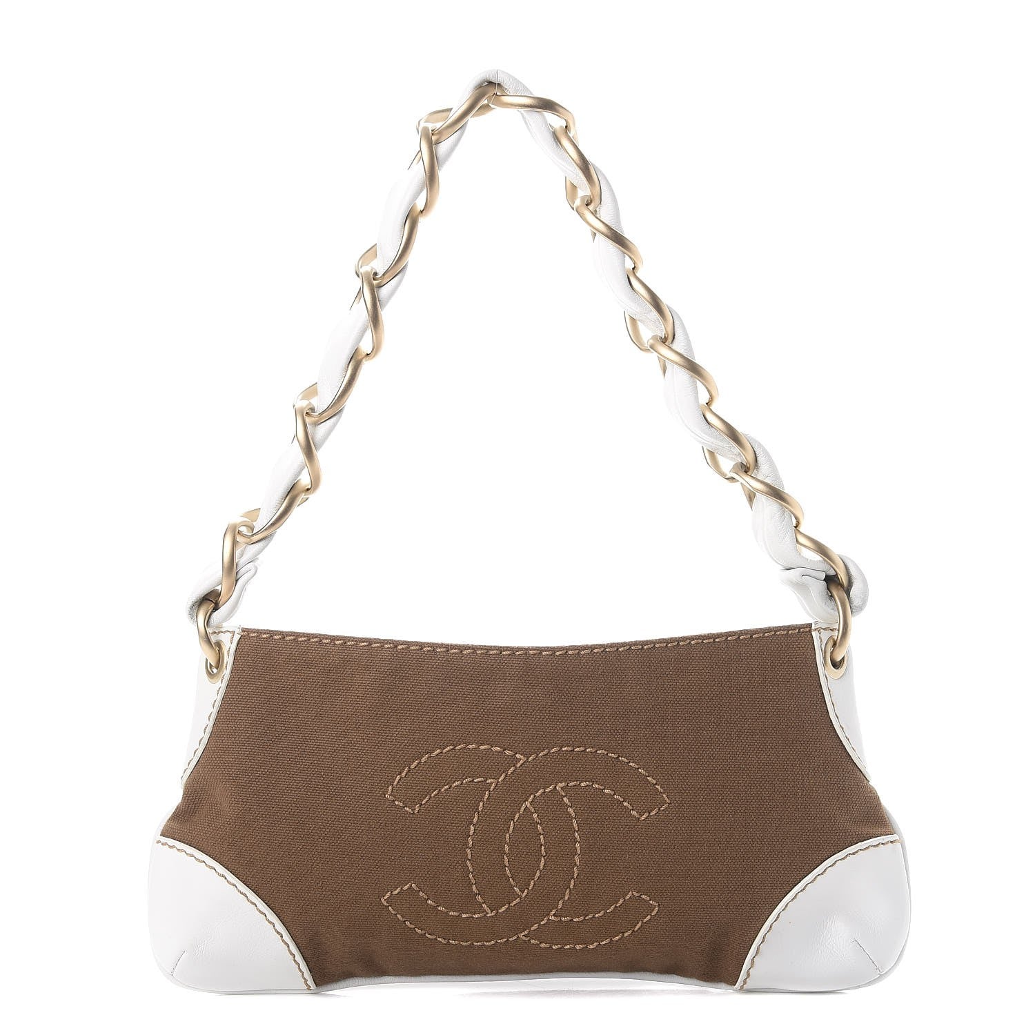 Chanel Lambskin Canvas CC Olsen Chain Small Shoulder Bag White Brown 1 of 8
