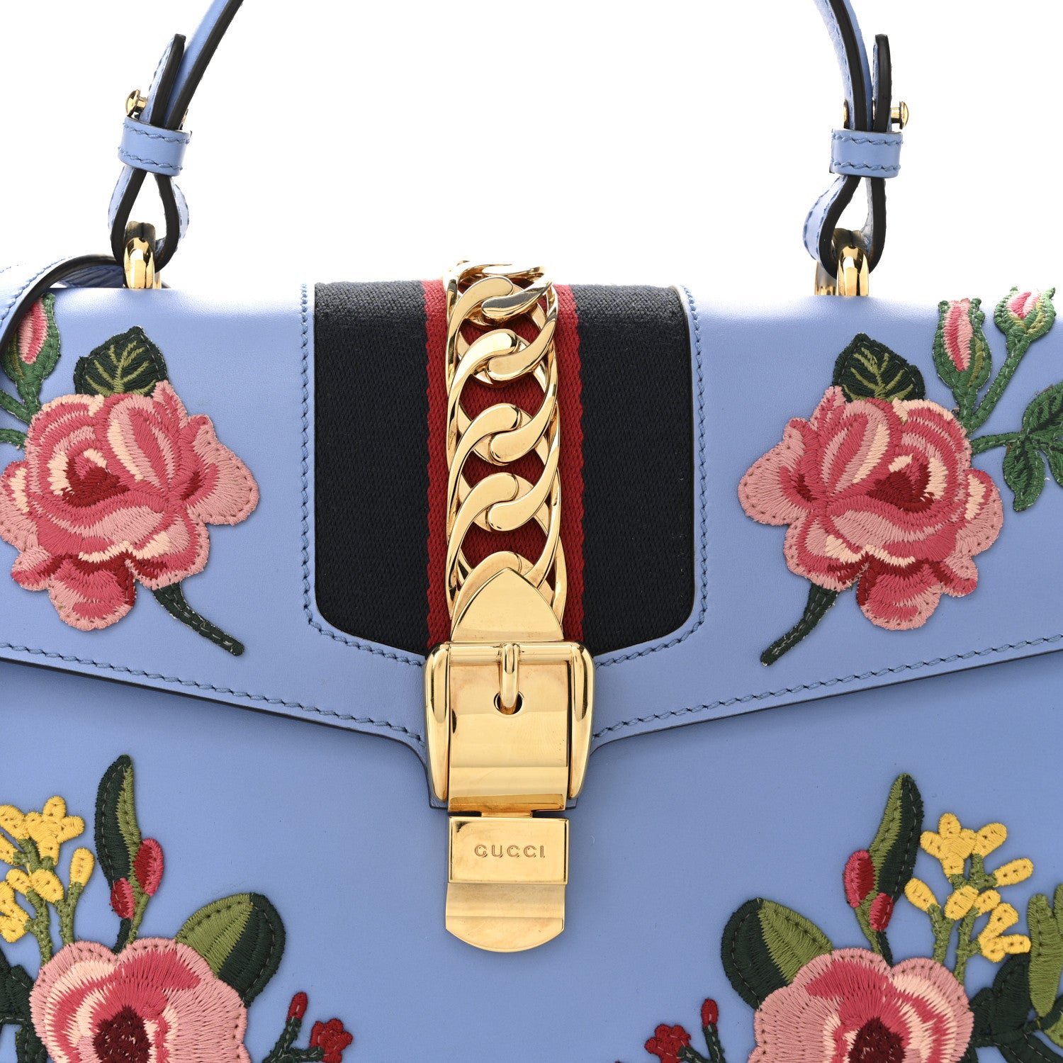Gucci Calfskin Embroidered Medium Sylvie Top Handle Bag Clear Sky Blue 8 of 14