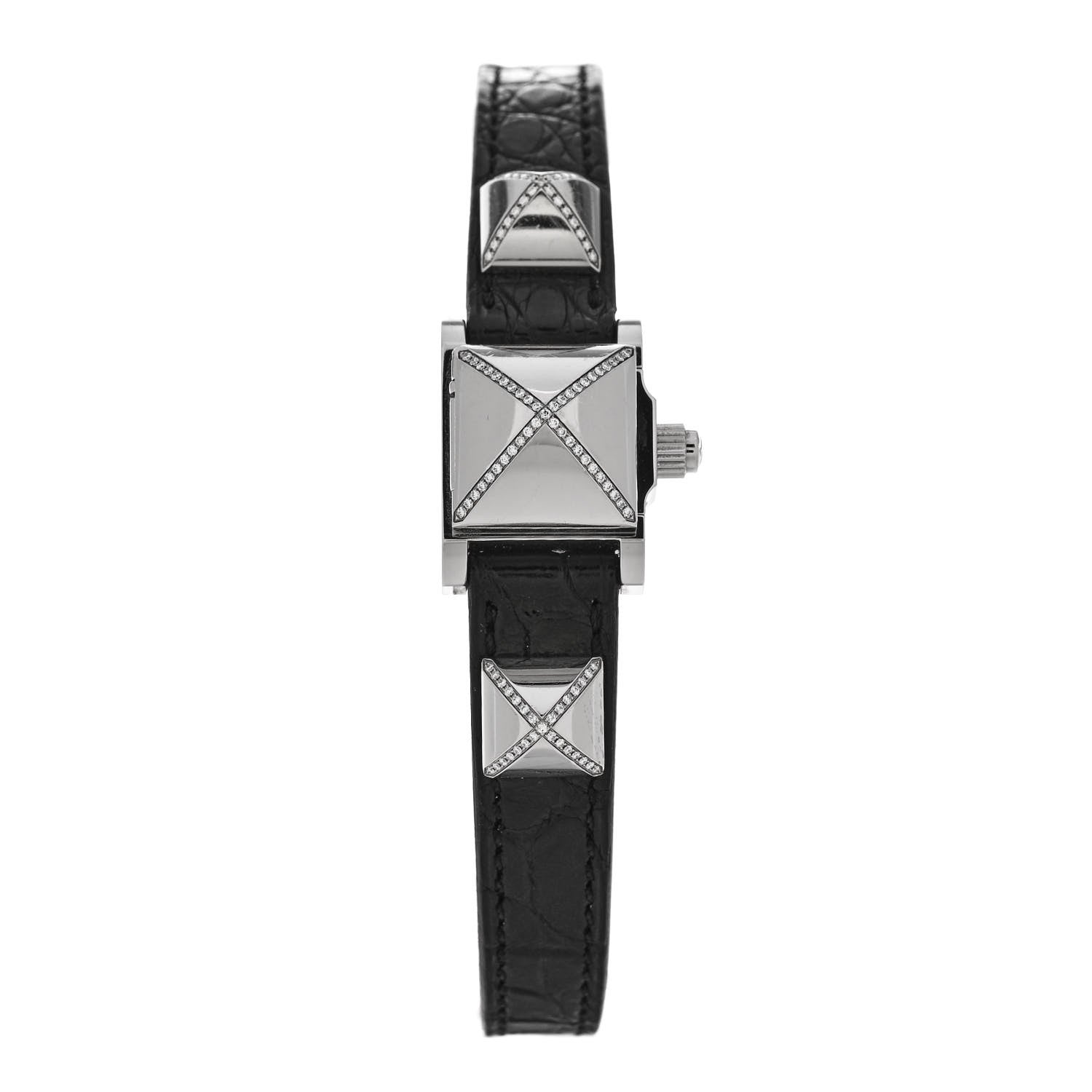 Hermes Stainless Steel Alligator Diamond 16mm Medor Quartz Watch Noir 2 of 5