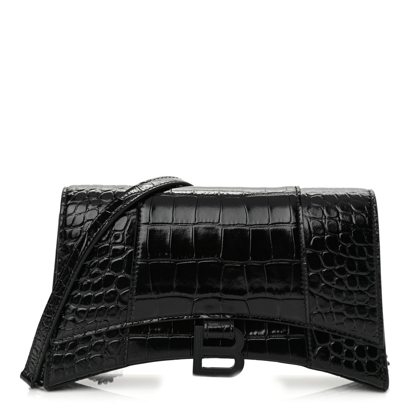 Shiny Calfskin Monochrome Crocodile Embossed Small Hourglass Evening Chain Bag Black