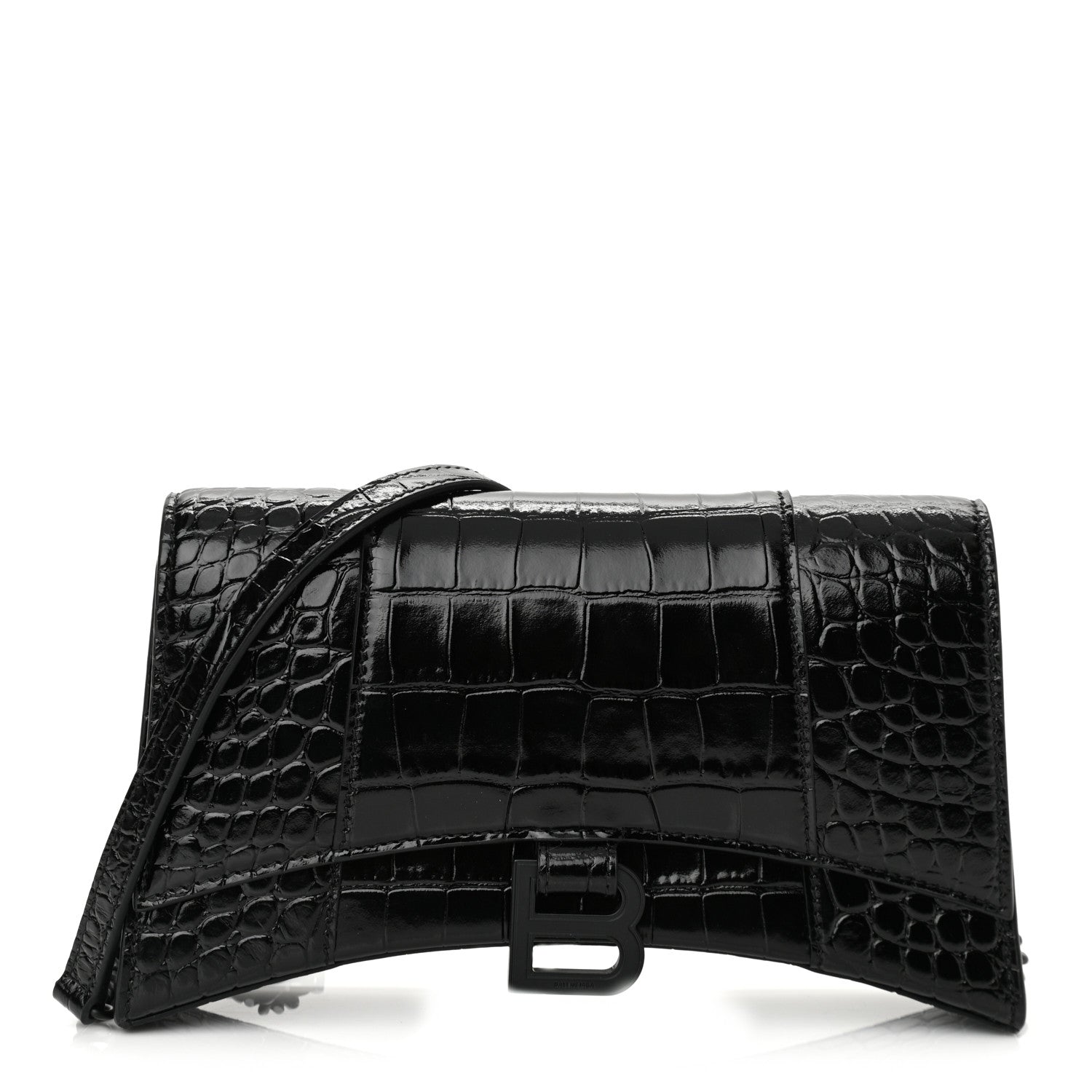 Balenciaga Shiny Calfskin Monochrome Crocodile Embossed Small Hourglass Evening Chain Bag Black 1 of 9