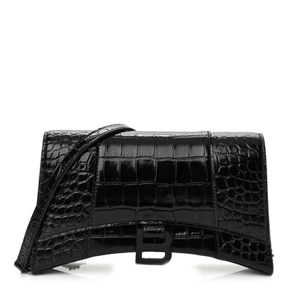 Balenciaga Shiny Calfskin Monochrome Crocodile Embossed Small Hourglass Evening Chain Bag Black 1 of 9