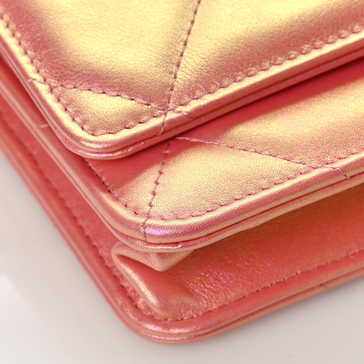 Iridescent Calfskin Quilted Chanel 19 Wallet On Chain WOC Pink