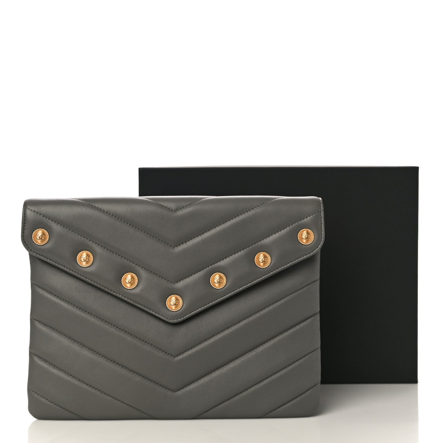 Calfskin Chevron Quilted CC Button Envelope Pouch Grey