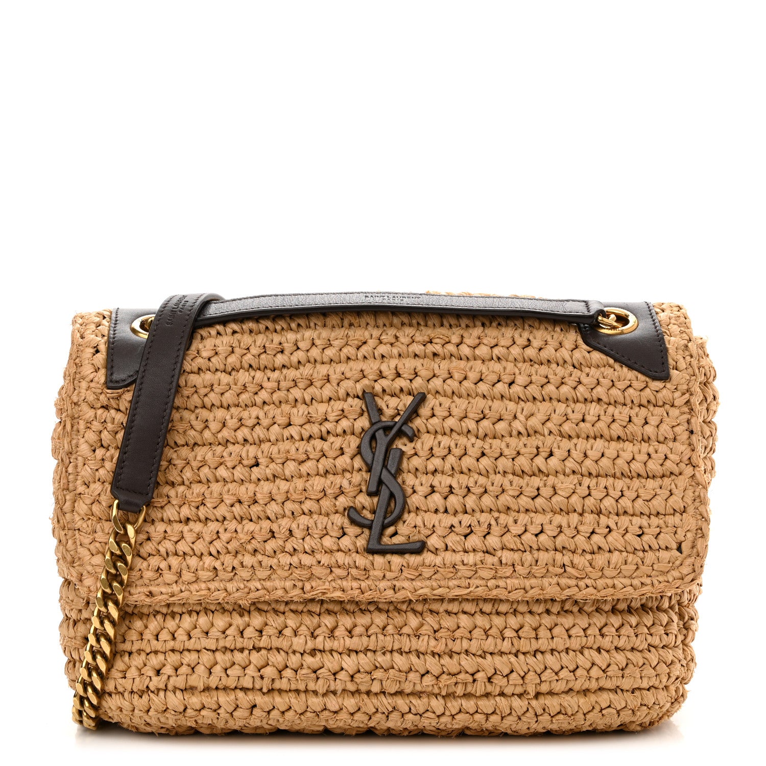 Saint Laurent Raffia Calfskin Monogram Medium Niki Chain Satchel Natural 1 of 14