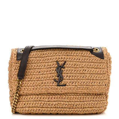 Saint Laurent Raffia Calfskin Monogram Medium Niki Chain Satchel Natural 1 of 14