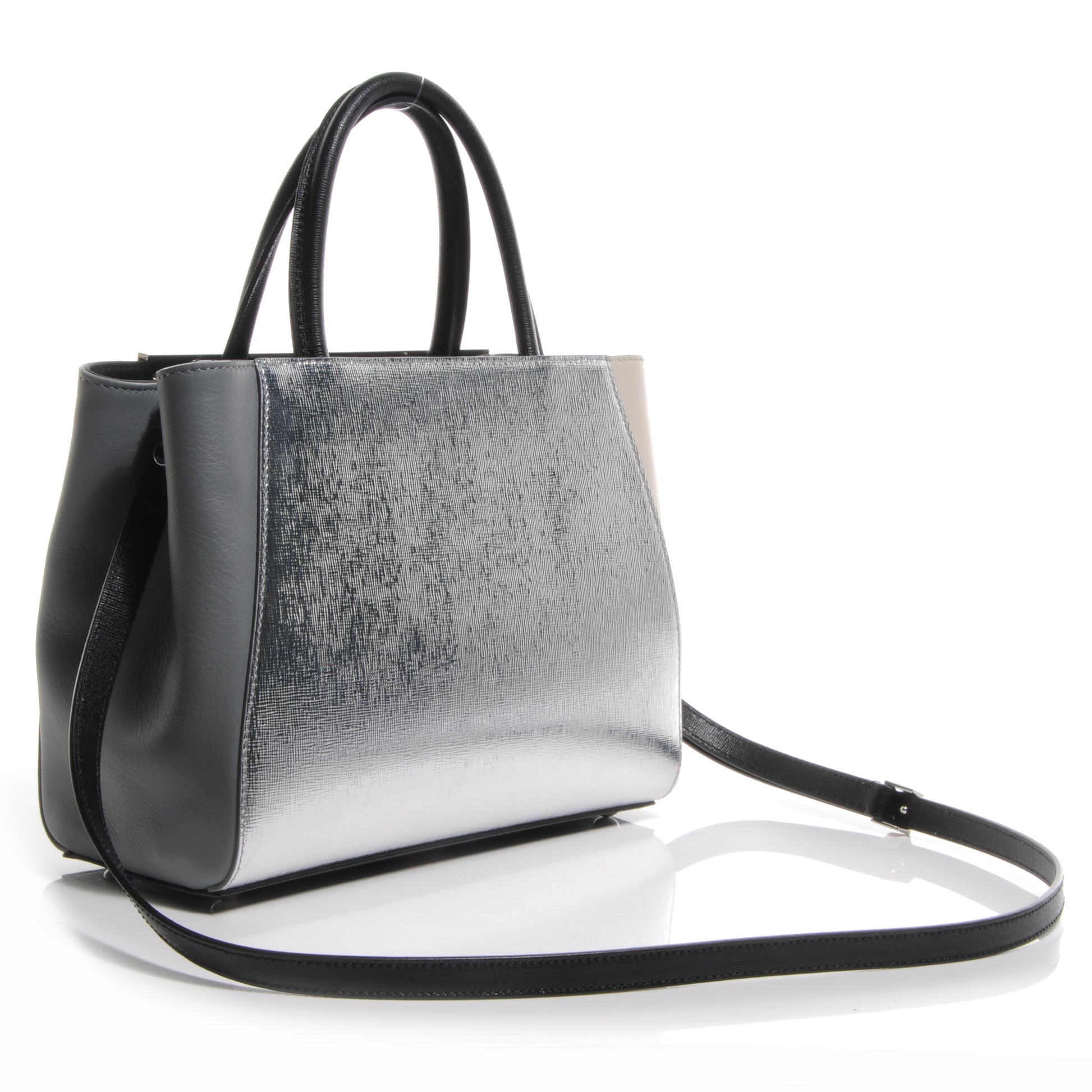 Fendi Vitello Elite Calfskin Colorblock Petite 2Jours Tote Black Multicolor White Argento 3 of 9