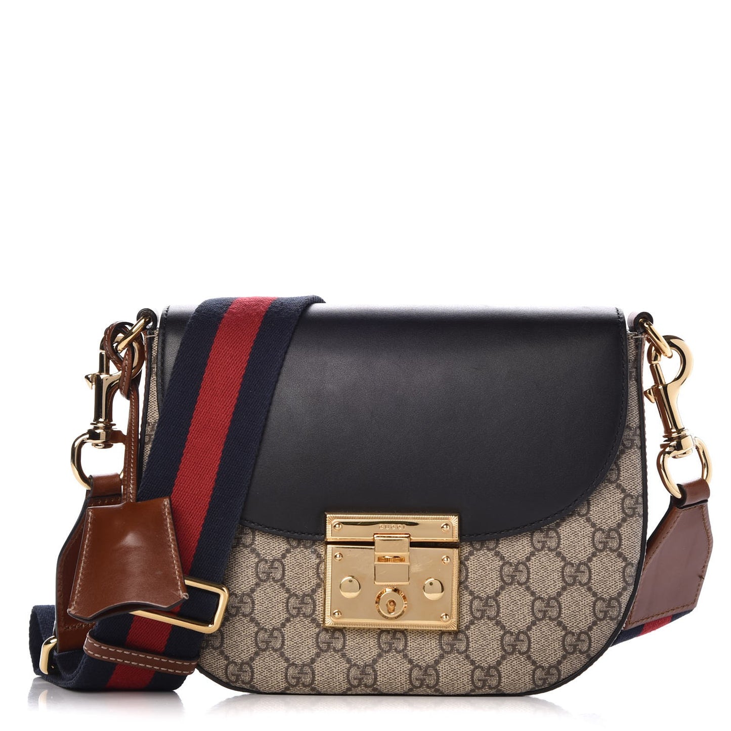 GG Supreme Monogram Web Medium Padlock Messenger Shoulder Bag Black