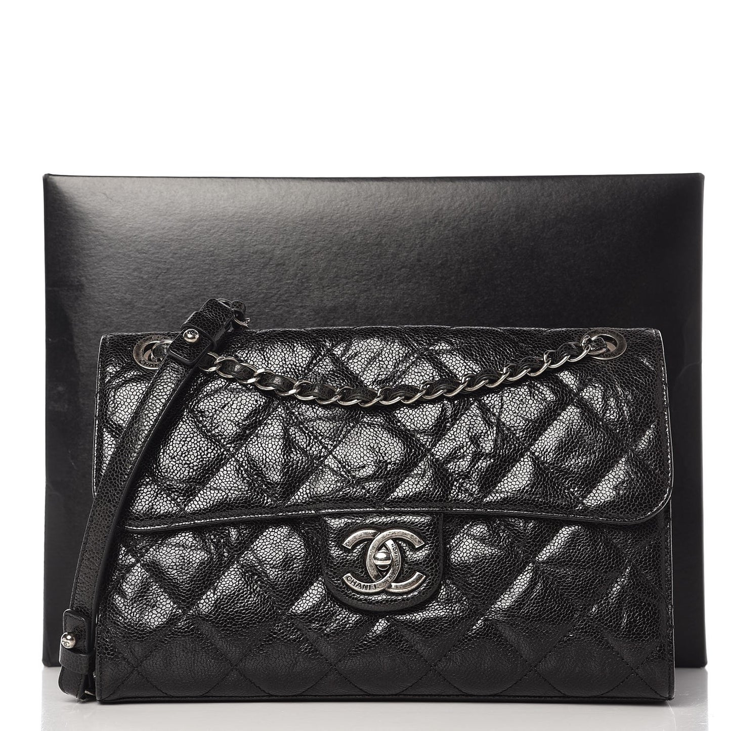 Crumpled Grained Calfskin Medium CC Crave Flap Black