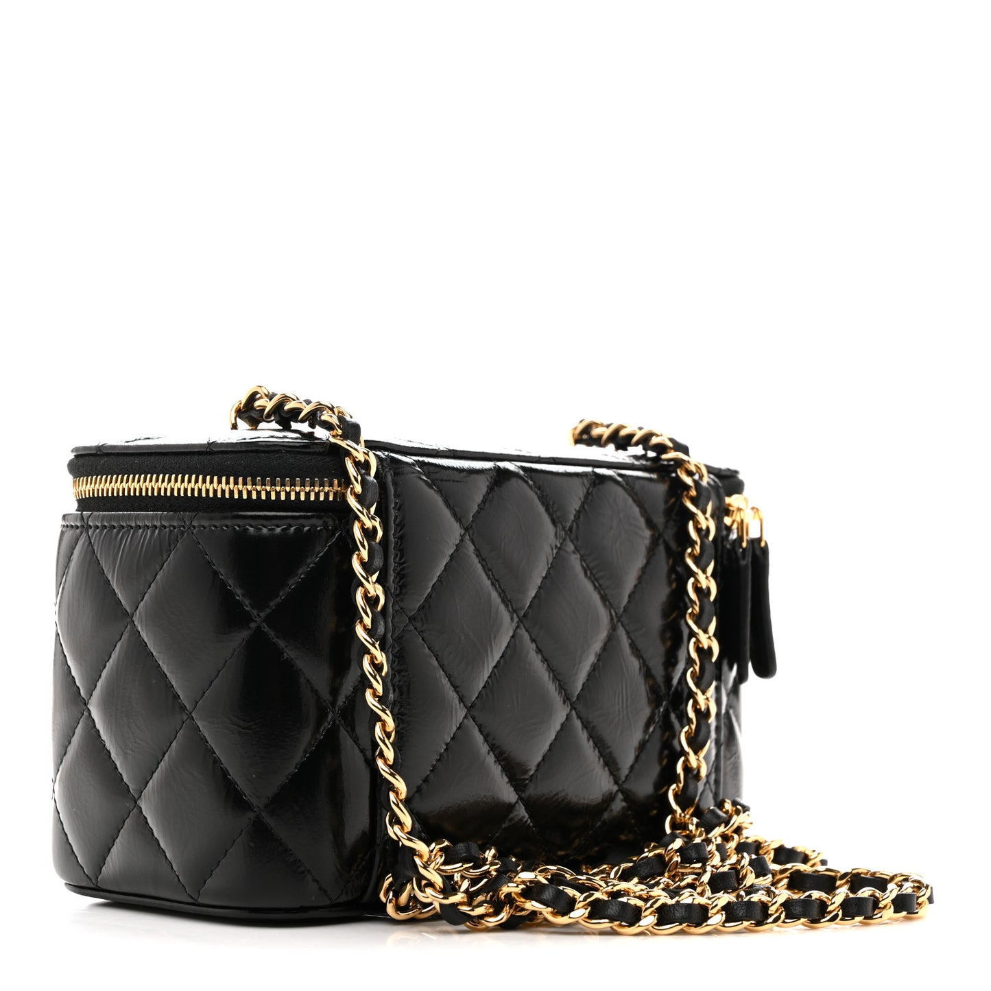 Shiny Lambskin Quilted Small Vanity Case With Chain Black