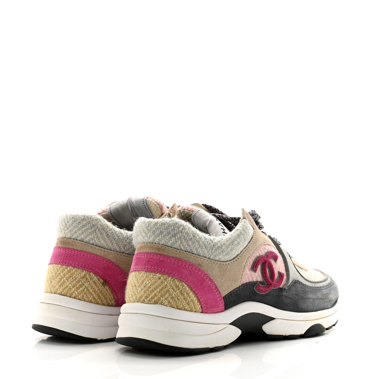 Chanel Fabric Suede Calfskin CC Sneakers 36.5 Pink Beige Multicolor 4 of 13