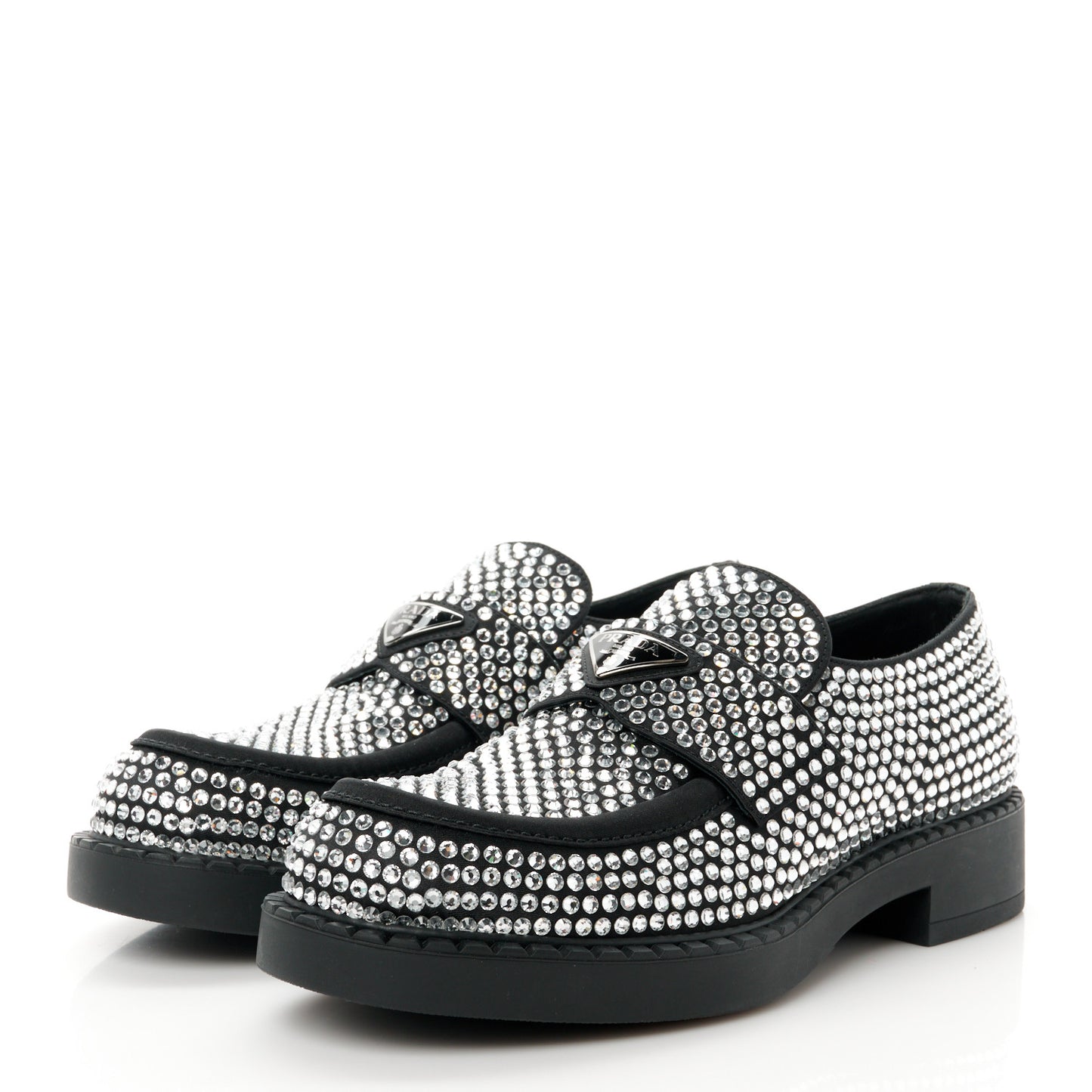 Satin Crystal Metal Triangle Logo Mens Loafers 7 Cristal