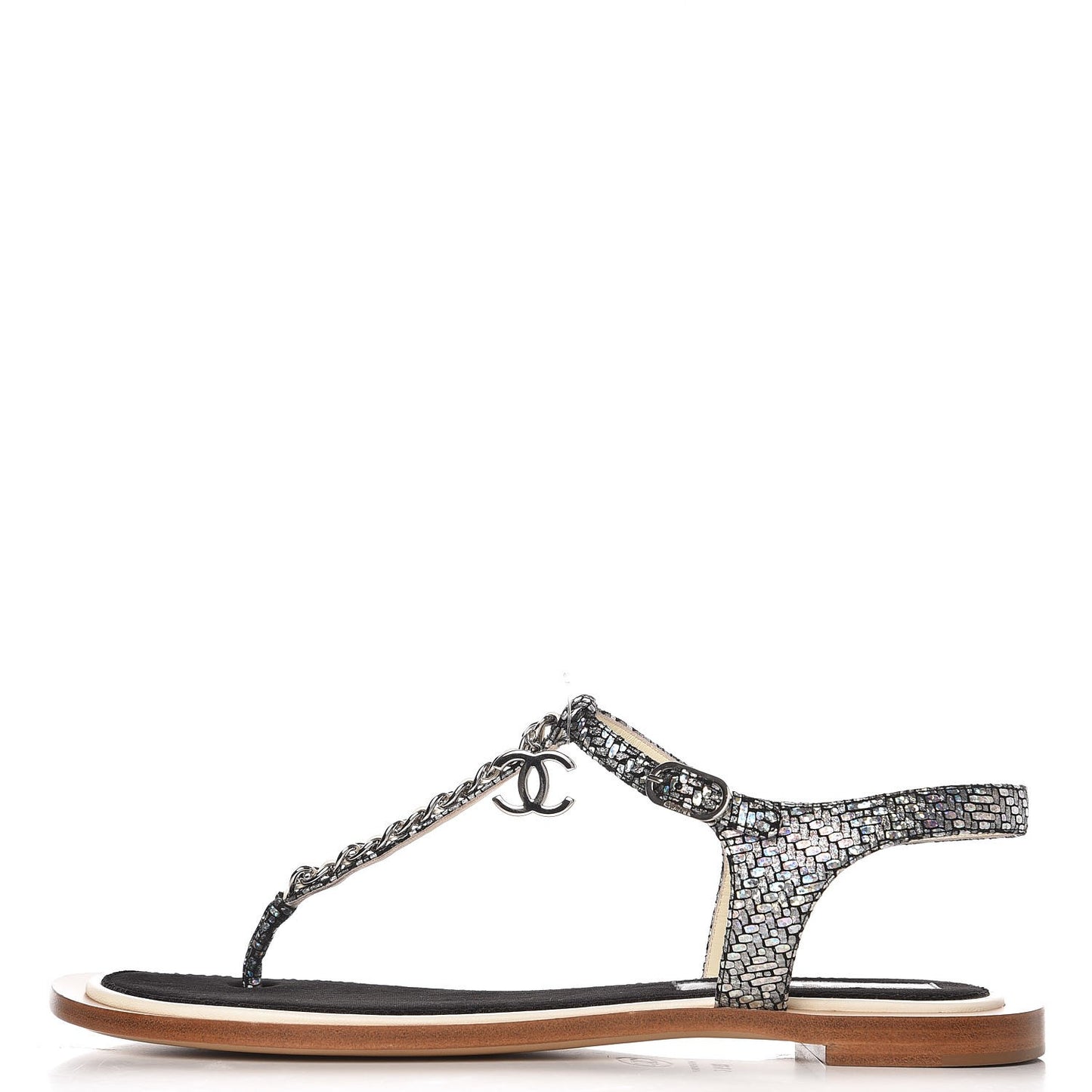 Fantasy Goatskin Suede CC Chain Thong Sandals 39 Silver Ivory