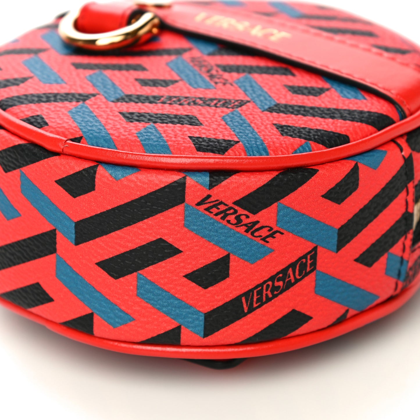 Coated Canvas Calfskin La Greca Round Zip Pouch Blue Red