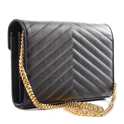 Saint Laurent Grain De Poudre Matelasse Chevron Monogram Chain Wallet Black 2 of 10