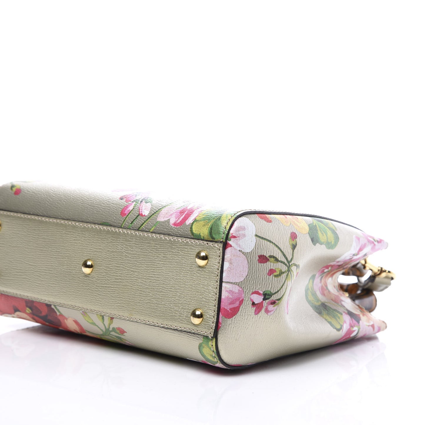 Metallic Shangai Calfskin Blooms Print Mini Bamboo Shopper Tote Gold Multicolor