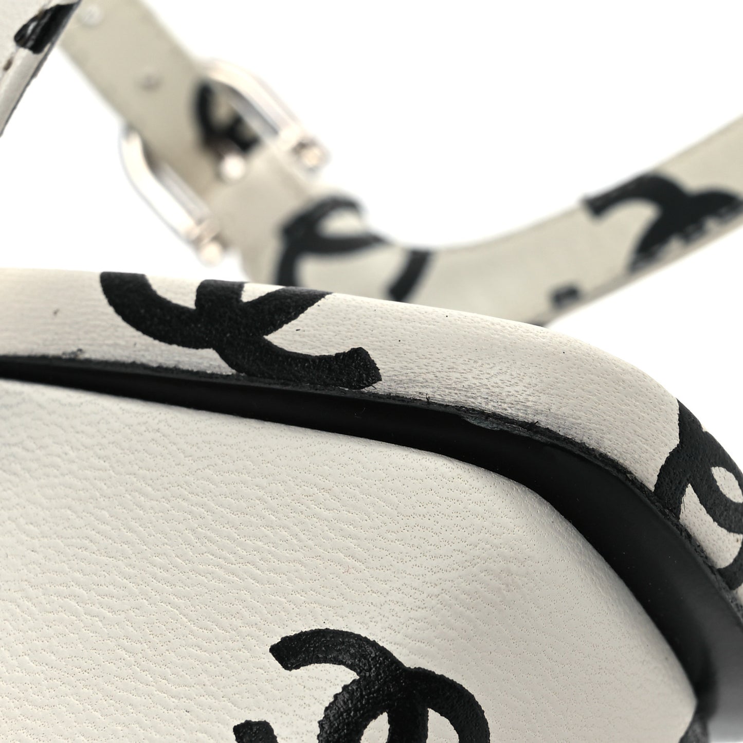 Printed Lambskin CC Sandals 37 White Black