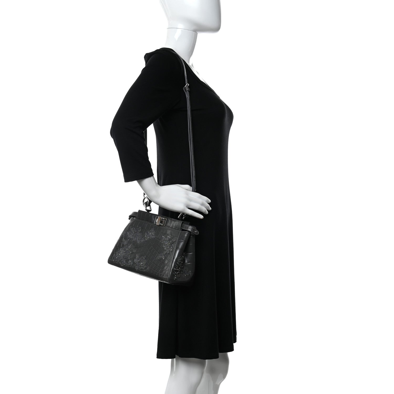 Fendi Crocodile Embroidered Mini Peekaboo Iconic Satchel Grey
