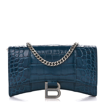 Balenciaga Shiny Calfskin Crocodile Embossed Hourglass Chain Bag Dark Petrol Blue 1 of 11