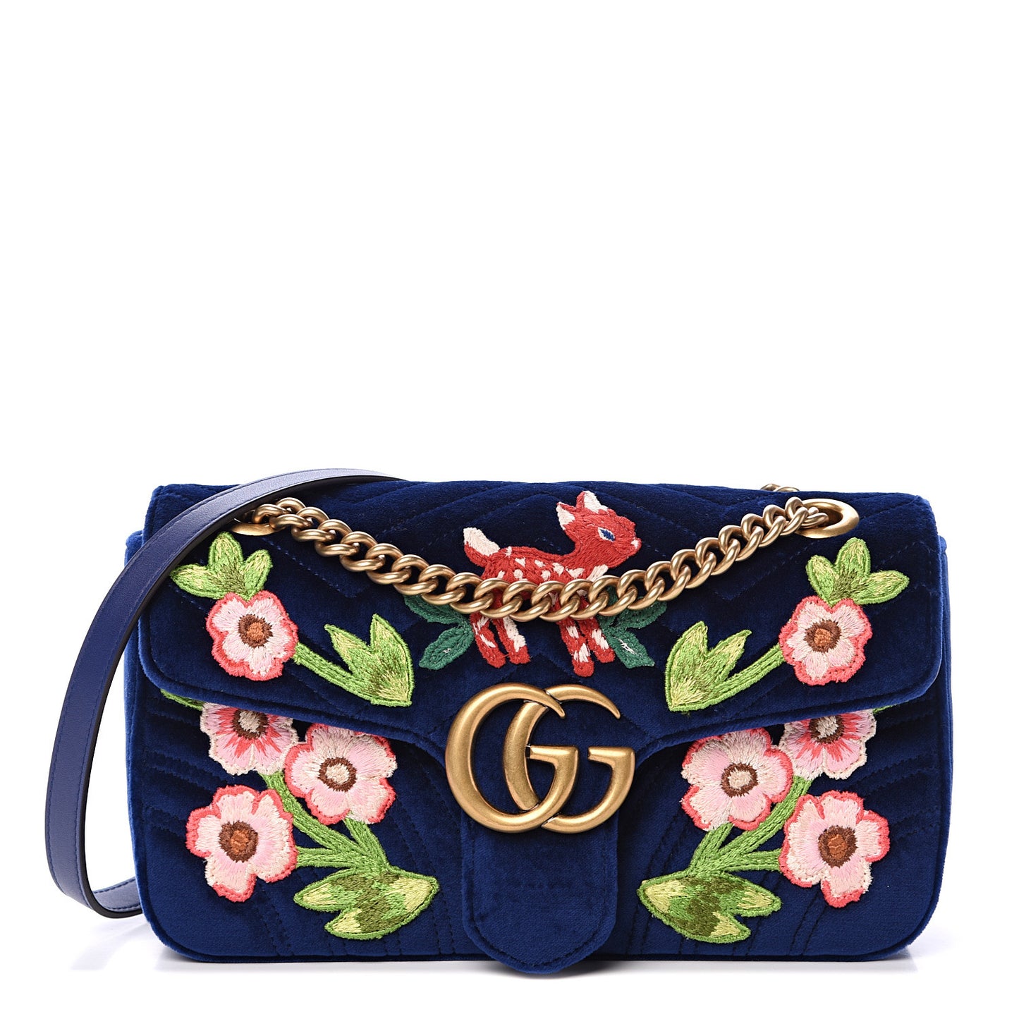 Velvet Matelasse Deer Embroidered Small GG Marmont Shoulder Bag Cobalt Blue