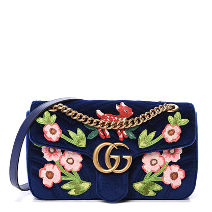 Gucci Velvet Matelasse Deer Embroidered Small GG Marmont Shoulder Bag Cobalt Blue 1 of 10